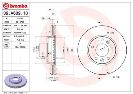 Диск тормозной BREMBO 09A60910 (фото 1)