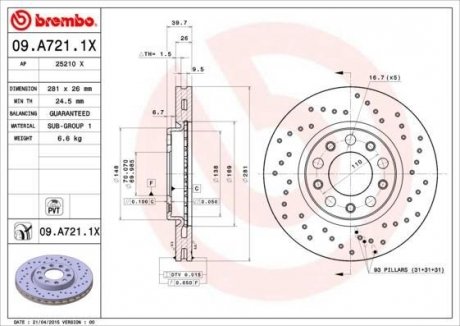 Тормозной диск BREMBO 09A7211X (фото 1)
