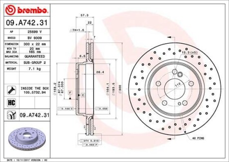 Диск тормознойTYL MERCEDES SL 97- 55AMG BREMBO 09A74231