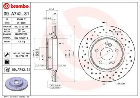 Диск тормознойTYL MERCEDES SL 97- 55AMG BREMBO 09A74231