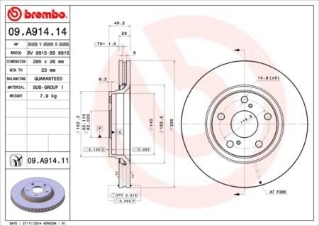 Тормозной диск BREMBO 09A91414 (фото 1)