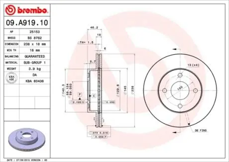 Тормозной диск BREMBO 09A91910