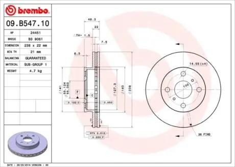 Диск тормозной COROLLA 00-02 BREMBO 09B54710