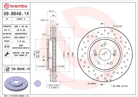 Високопродуктивний гальмівний диск передн HONDA CR-V III, CR-V IV, CROSSTOUR I 1.6D-3.5 06.06- BREMBO 09B6481X