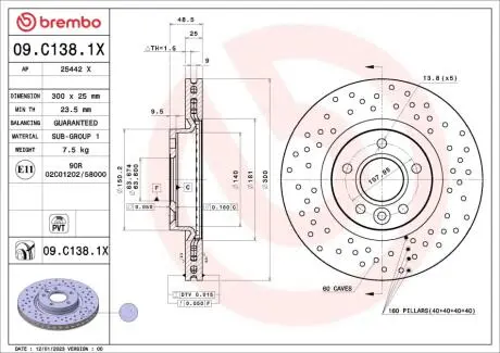 Диск тормозной (передний) Ford Kuga/Transit Connect 13-(300x25) PRO (заменено на 92141305) BREMBO 09C1381X