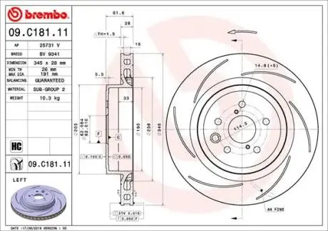 Диск гальмівний задн Лів LEXUS GS, RC 5.0 08.14- BREMBO 09C18111