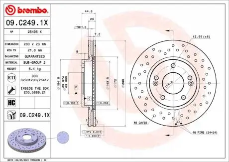 Диск тормозной, BREMBO 09C2491X