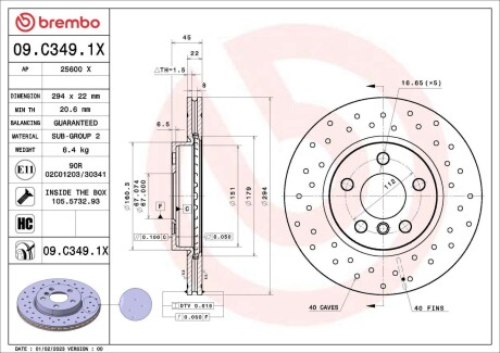 Диск тормозной (передний) BMW 2 (F45/F46) 14-(294x22) PRO (заменено на 92273105) BREMBO 09C3491X