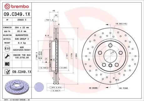 Диск тормозной (передний) BMW 2 (F45/F46) 14-(294x22) PRO (заменено на 92273105) BREMBO 09C3491X
