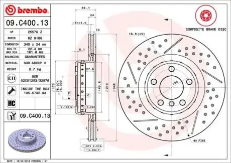 Диск тормозной BMW 1 F20,21 tyі BREMBO 09C40013