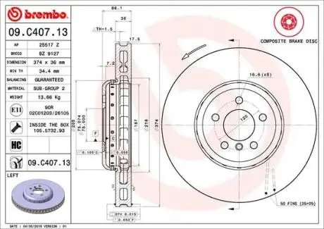 Диск тормозной BMW F10,11 /L /2-elementowa,kompozytowa/ BREMBO 09C40713