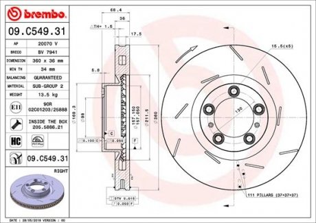 Тормозной диск передний правый BREMBO 09C54931