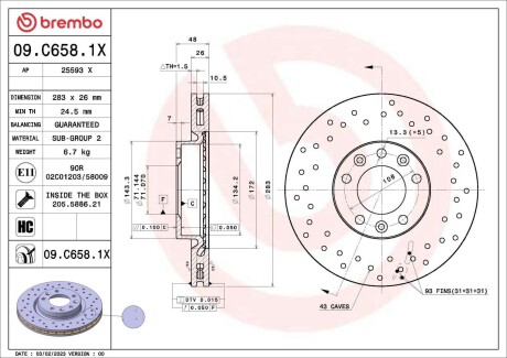 Диск гальмівний (передній) Peugeot 308 13- (283x26) PRO BREMBO 09C6581X