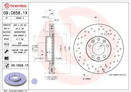 Диск тормозной (передний) Peugeot 308 13- (283x26) PRO BREMBO 09C6581X