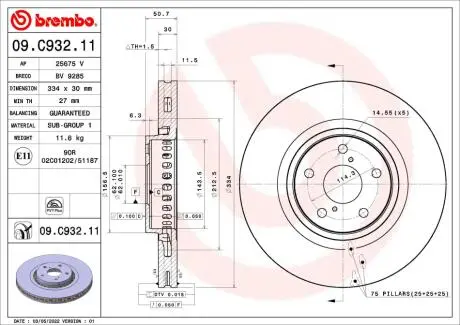 Диск тормозной (передний) Lexus GS 05-/IS 09- (L) (334x30) PRO BREMBO 09C93211