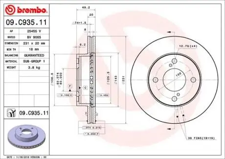 Диск гальмівний передн Лів/Прав SUZUKI CELERIO 1.0 03.14- BREMBO 09C93511