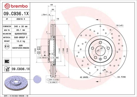 Диск тормозной (передний) Volvo S60 III/S90 II/V60 II/ XC90 II 16- (345x30) PRO+ BREMBO 09C9361X