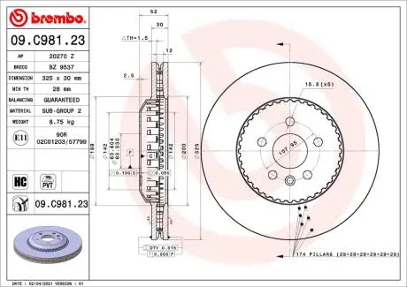 Диск гальмівний передн Лів/Прав LAND ROVER DISCOVERY SPORT, RANGE ROVER EVOQUE 1.5H-2.2D 09.14- BREMBO 09C98123