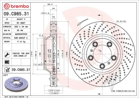 Диск гальмівний передн Лів PORSCHE 911 3.6/3.8 03.06-12.12 BREMBO 09C98531