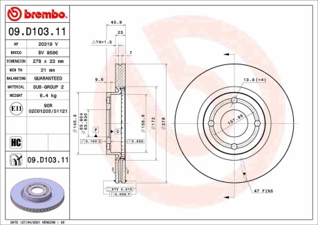 Тормозной диск BREMBO 09.D103.11 (фото 1)