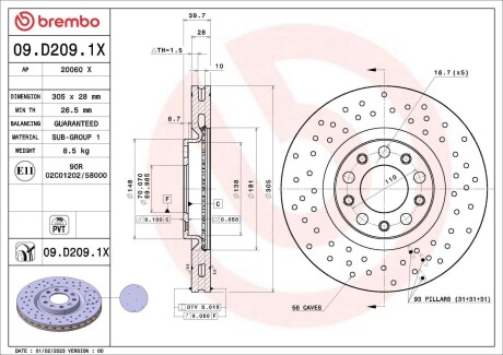 Диск тормозной (передний) Fiat 500X/Jeep Compass/Renegade 14- (305x28) PRO BREMBO 09D2091X