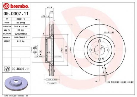 Диск тормозной передний BREMBO 09D30711 (фото 1)