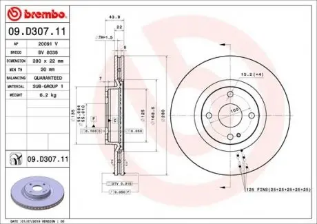 Диск тормозной передний BREMBO 09D30711