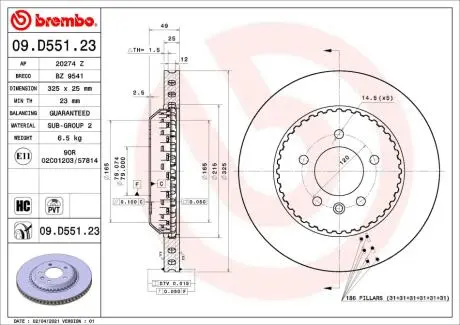 Диск гальмівний задн Лів/Прав LAND ROVER DEFENDER 2.0-5.0 09.19- BREMBO 09D55123