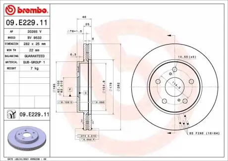 Диск гальмівний передн Лів/Прав SUZUKI SWACE, TOYOTA COROLLA, YARIS CROSS 1.2-1.8H 10.18- BREMBO 09E22911