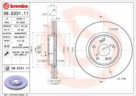 Диск тормозной передний BREMBO 09E23111