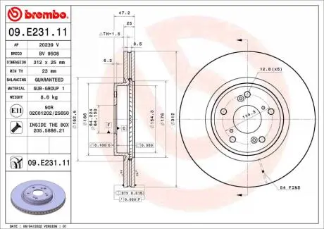 Диск тормозной передний BREMBO 09E23111