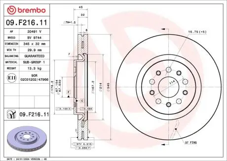 Диск гальмівний передній BREMBO 09F21611