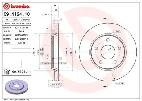 Диск тормозной FREEMONT G.VOYAGER 12- њr.302mm BREMBO 09N12411