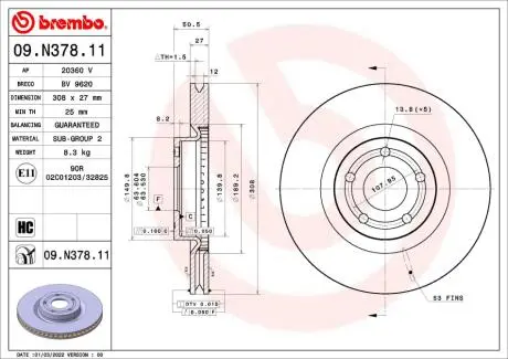 Диск гальмівний передн Лів/Прав FORD FOCUS IV, KUGA III 1.0-2.5H 01.18- BREMBO 09N37811