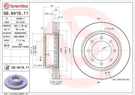 Диск гальмівний передн Лів/Прав NISSAN NV 2500 5.6 09.11- BREMBO 09N41911