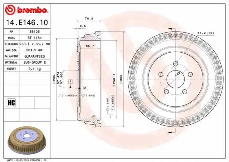 Гальмівний барабан задн CHRYSLER GRAND VOYAGER III, VOYAGER III, VOYAGER IV, DODGE CARAVAN 2.0-3.8 01.95-12.08 BREMBO 14E14610