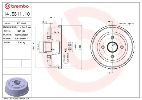 Гальмівний барабан задн ((EN) with a wheel bearing kit) OPEL CORSA C, CORSA C/HATCHBACK, TIGRA 1.0-1.8 09.00-06.12 BREMBO 14E31110