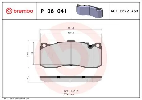 Гальмівні колодки, дискове гальмо (набір) BREMBO P06041