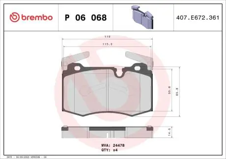 Тормозные колодки, дисковый тормоз.) BREMBO P06068