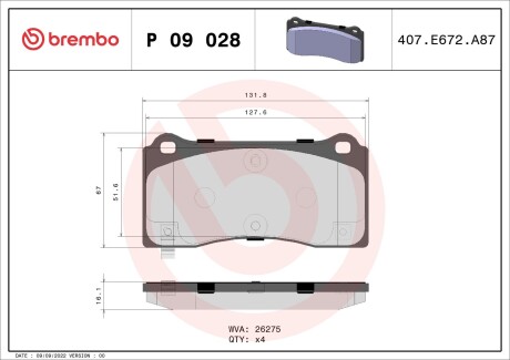 Колодки тормозные (передние) Tesla Model 3 18-(с датчиком) BREMBO P09028