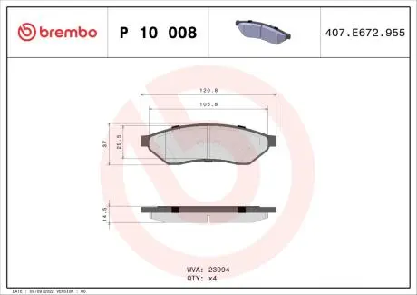 Гальмівні колодки, дискове гальмо (набір) BREMBO P10008