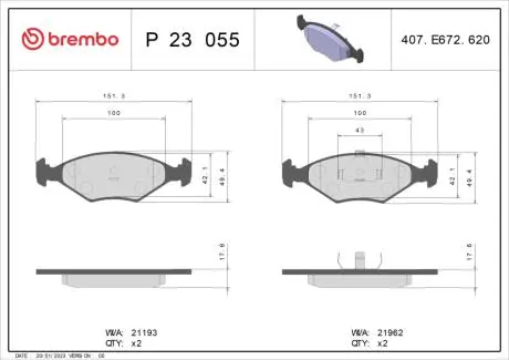 Гальмівні колодки, дискове гальмо (набір) BREMBO P23055