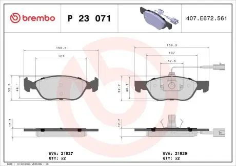 Гальмівні колодки, дискове гальмо (набір) BREMBO P23071