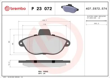 Гальмівні колодки, дискове гальмо (набір) BREMBO P23072