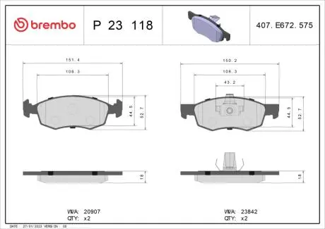 Тормозные колодки, дисковый тормоз.) BREMBO P23118