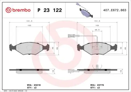 Гальмівні колодки, дискове гальмо (набір) BREMBO P23122