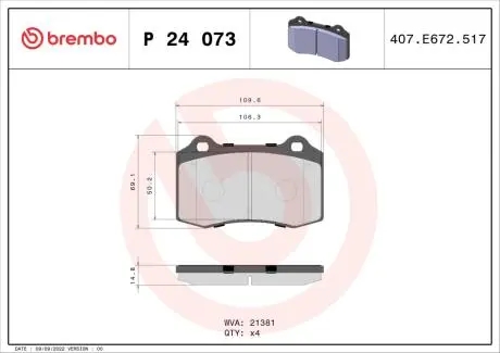 Гальмівні колодки, дискове гальмо (набір) BREMBO P24073