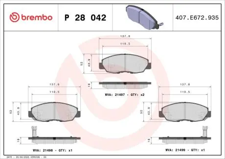 Тормозные колодки дисковые BREMBO P28 042