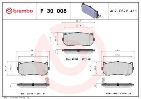 Гальмівні колодки, дискове гальмо (набір) BREMBO P30008