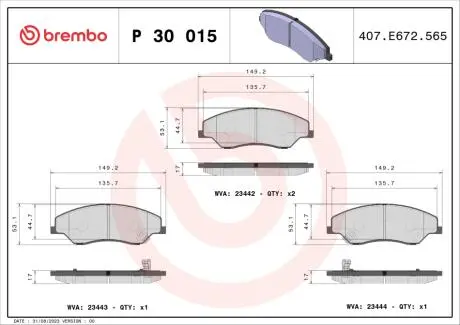Тормозные колодки, дисковый тормоз.) BREMBO P30015